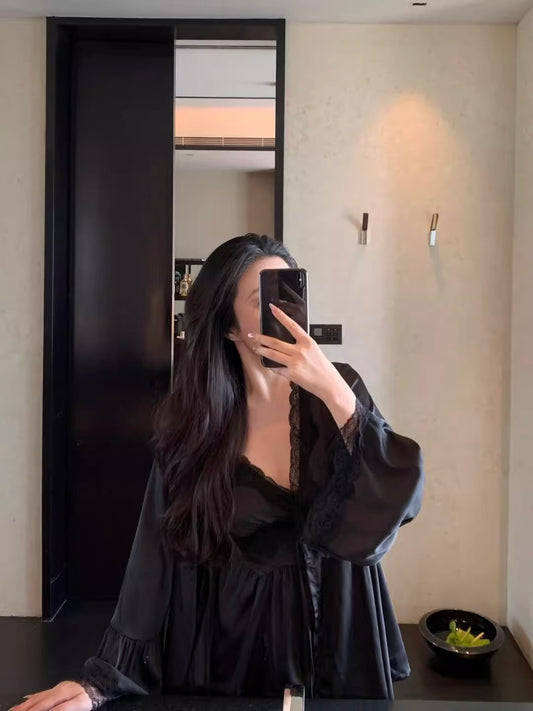 Satin Lace Pajama Set - Black