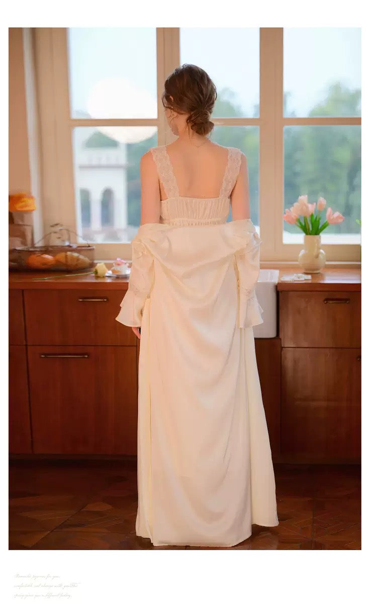 French Lace Long Nightgown and Robe Set - Beige