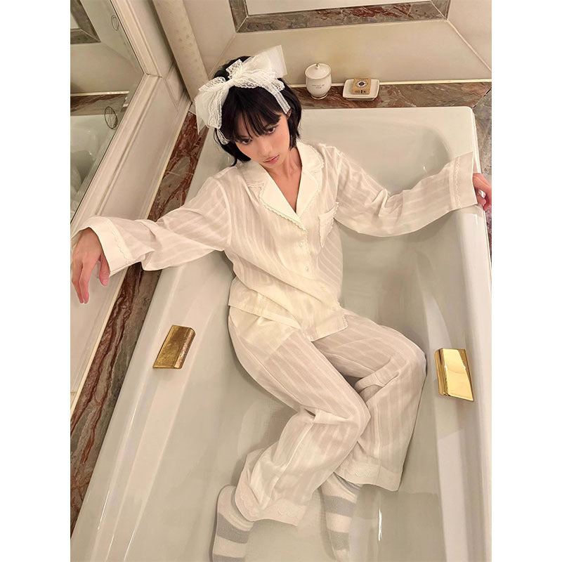 White Cotton Pajama Set with Lace Trim