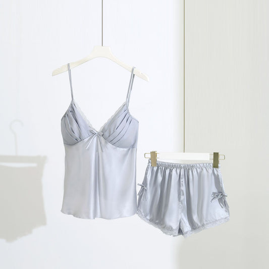 Shimmer Silk Pajama Set with Lace Trim