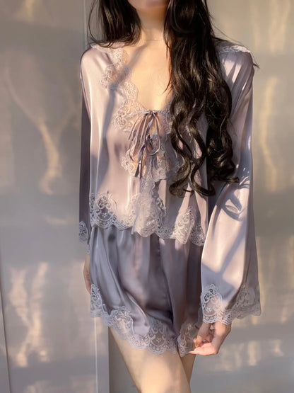 Front-tie open cardigan-style sleepwear set