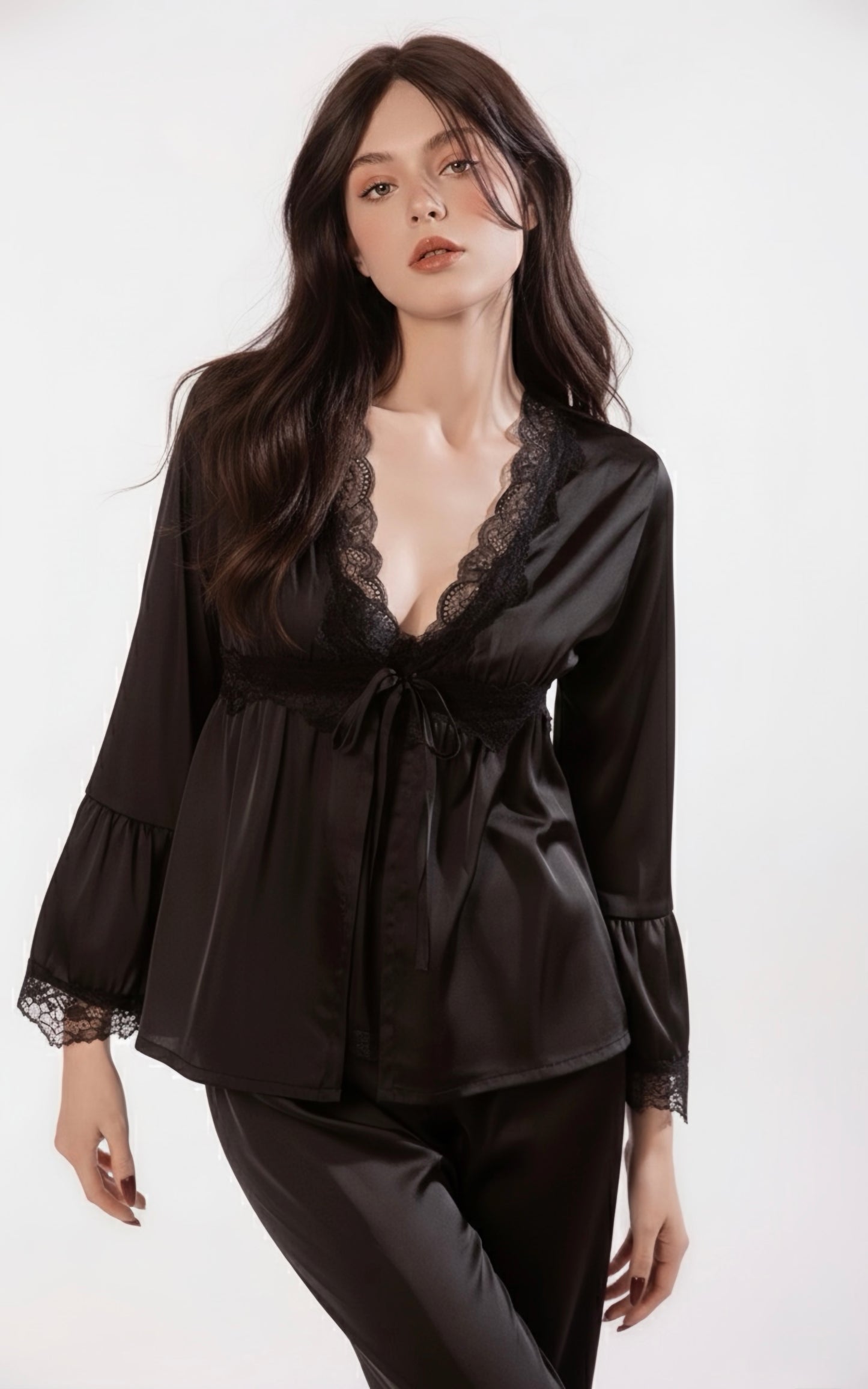 Satin Lace Pajama Set - Beige