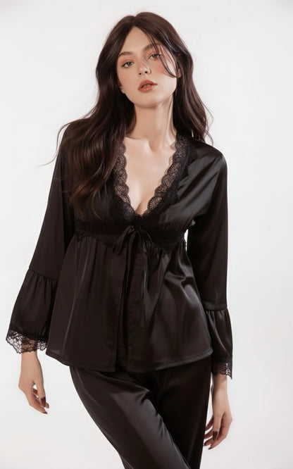 Satin Lace Pajama Set - Beige