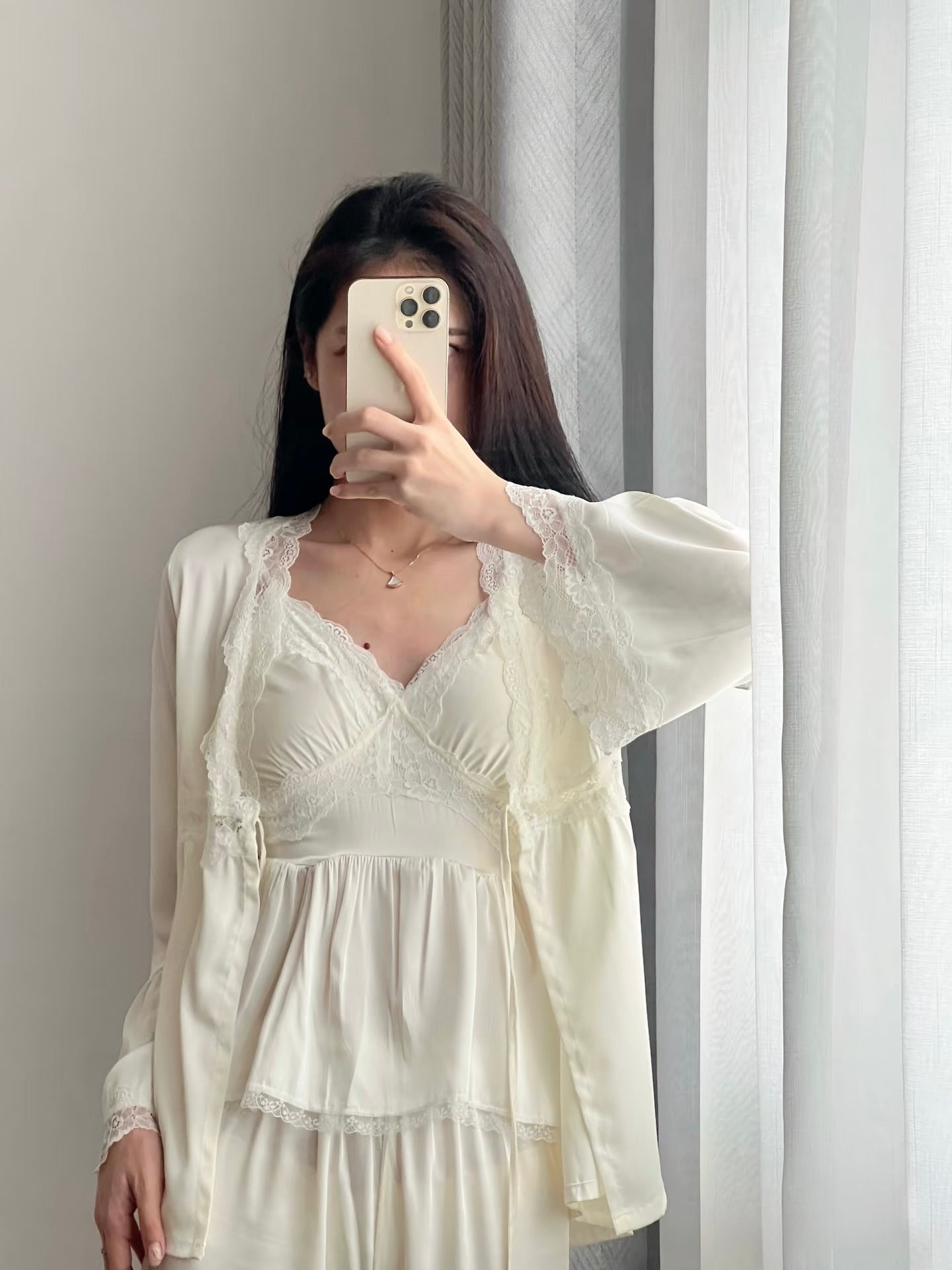 Satin Lace Pajama Set - Black