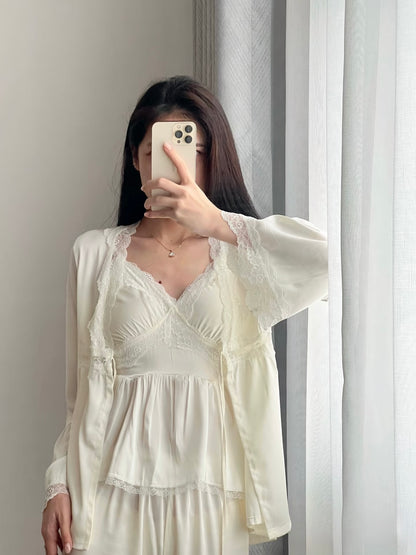 Satin Lace Pajama Set - Black