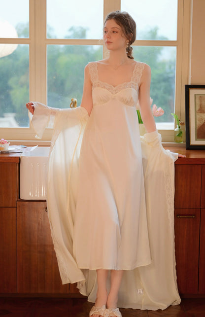 French Lace Long Nightgown and Robe Set - Beige