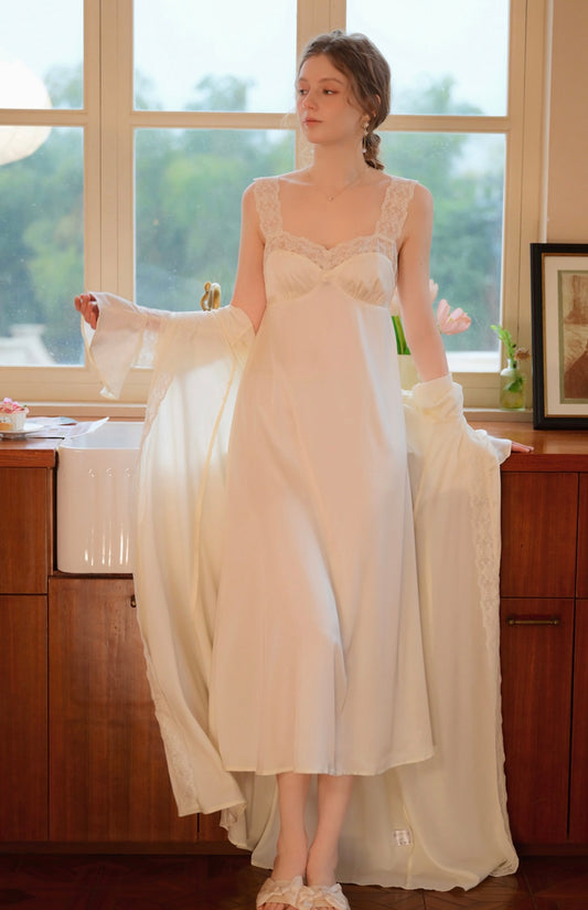 French Lace Long Nightgown and Robe Set - Beige