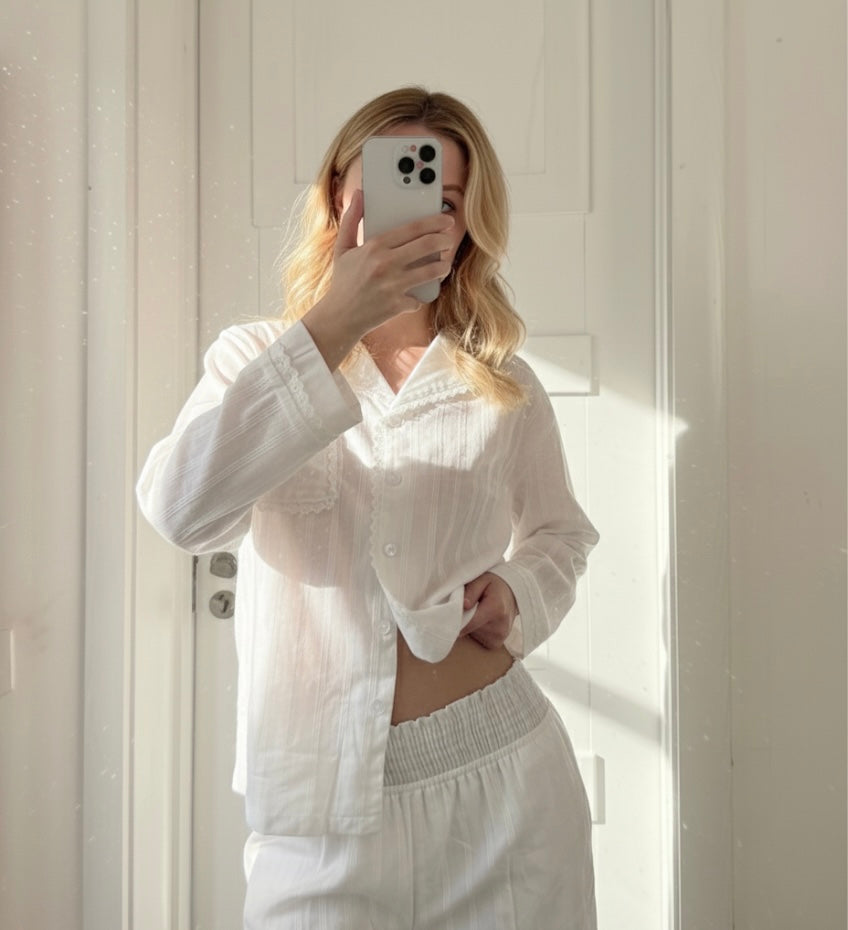 White Cotton Pajama Set with Lace Trim