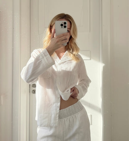 White Cotton Pajama Set with Lace Trim