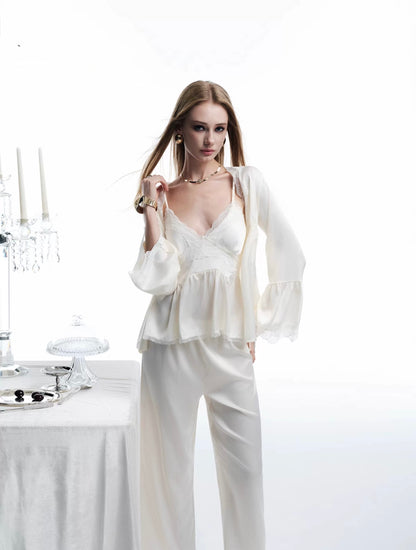 Satin Lace Pajama Set - Beige