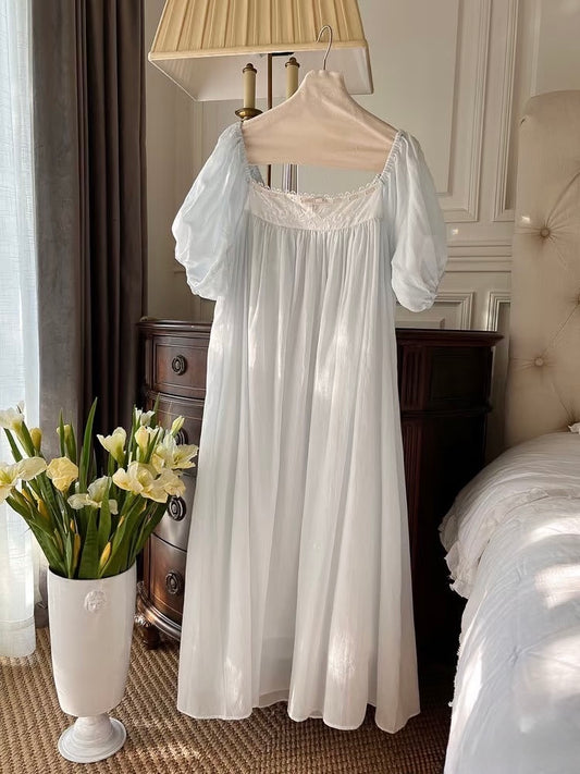 Cottagecore Lace Trim Nightdress-Puff Sleeve Chemise