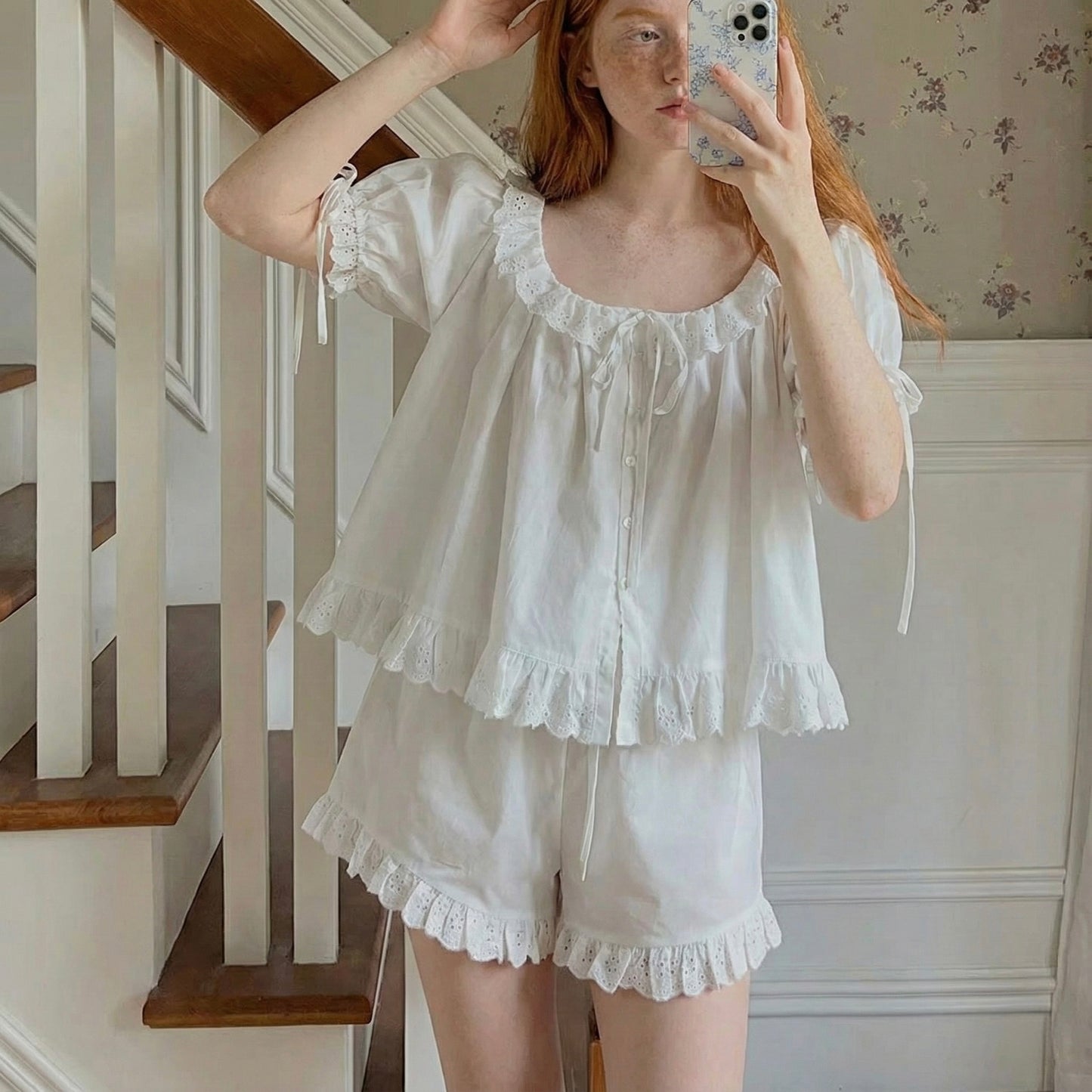 100% Cotton Short Sleeve Pajamas Set - White Embroidered Vintage Sleepwear - French Romantic Ruffle Lounge Set