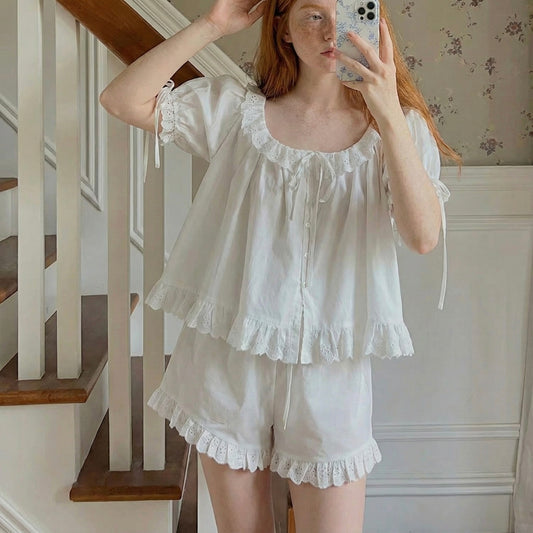 100% Cotton Short Sleeve Pajamas Set - White Embroidered Vintage Sleepwear - French Romantic Ruffle Lounge Set