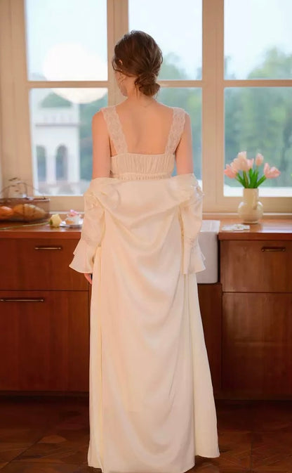 French Lace Long Nightgown and Robe Set - Beige