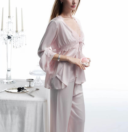 Satin Lace Pajama Set - Beige