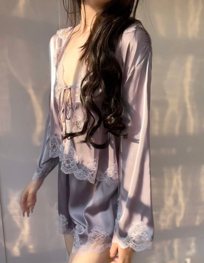 Front-tie open cardigan-style sleepwear set