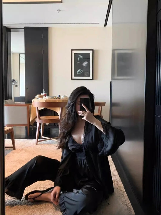 Satin Lace Pajama Set - Black