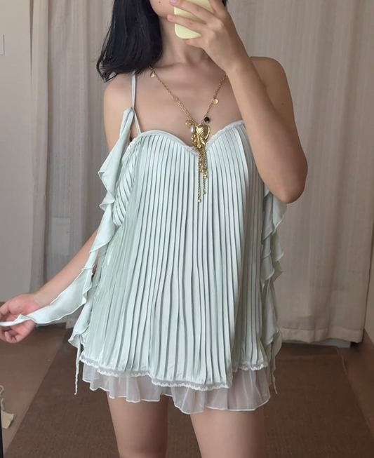 Pleated Ruffle Camisole Sleep Dress - Mint