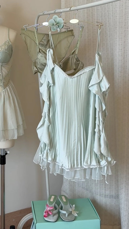 Pleated Ruffle Camisole Sleep Dress - Mint