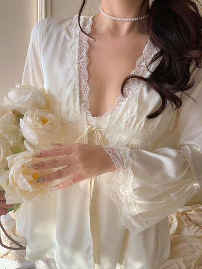 Satin Lace Pajama Set - Black