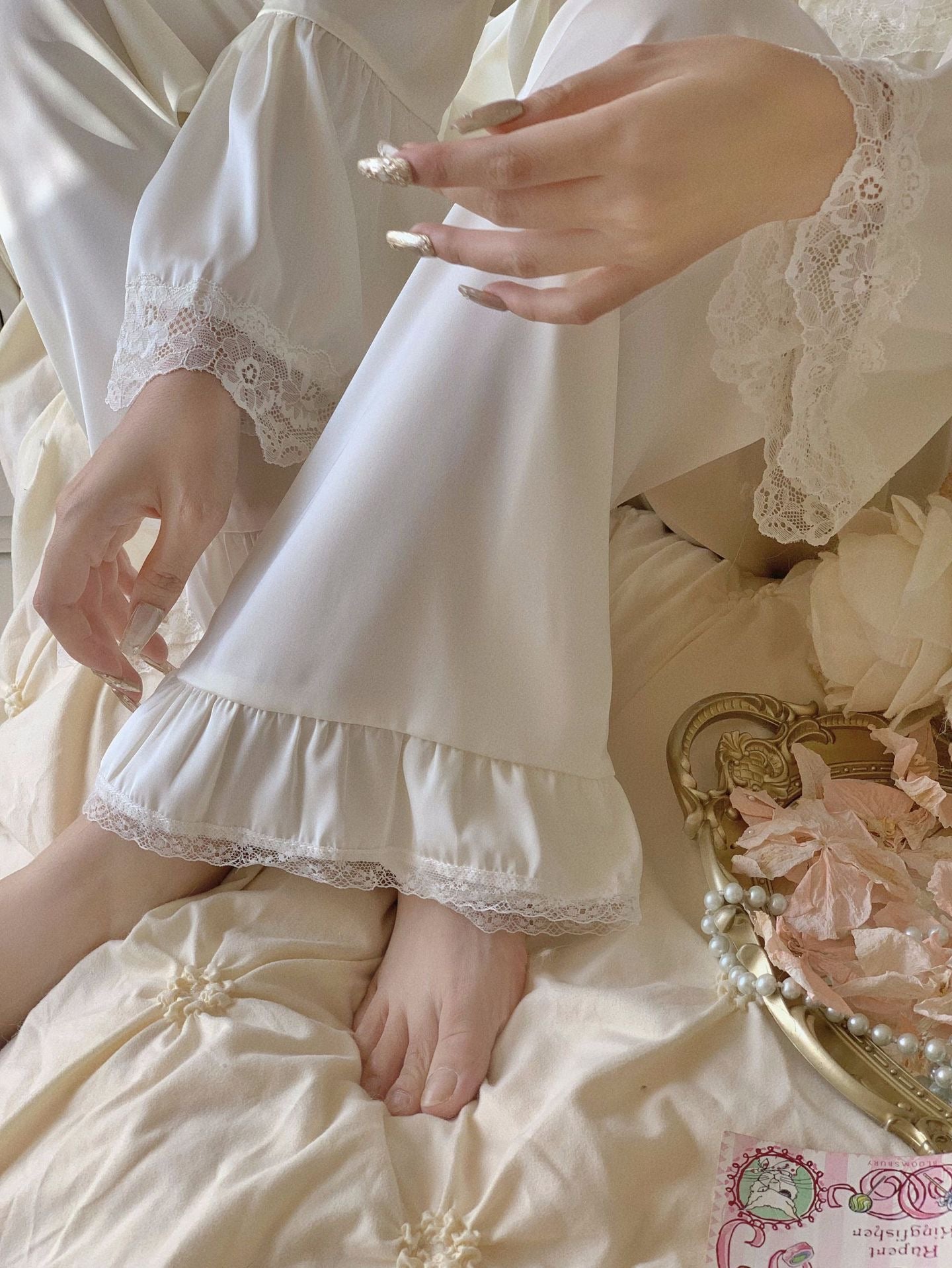 Satin Lace Pajama Set - Black