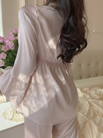 Velvet Satin Lace Pajama Set with Long Sleeves
