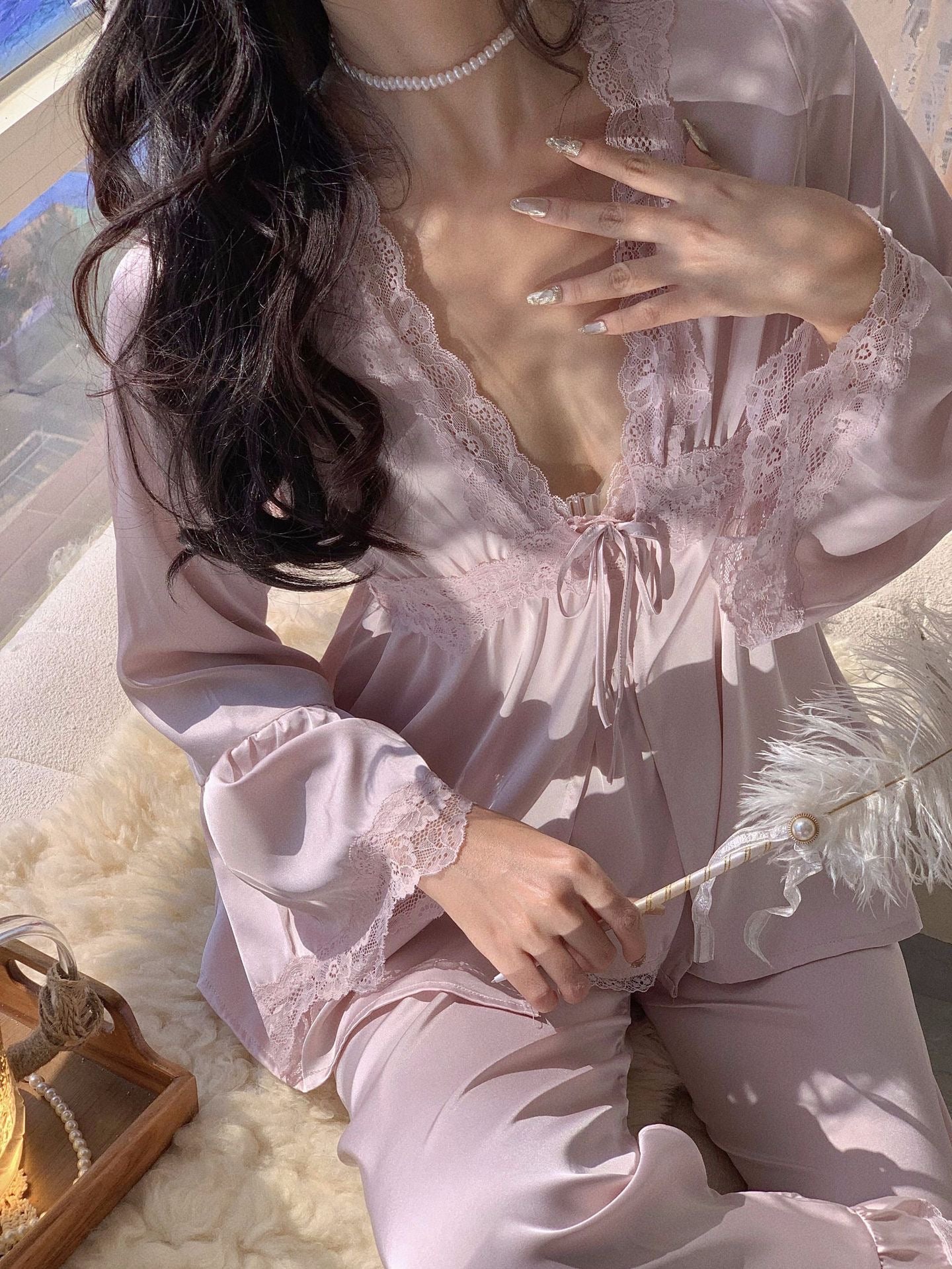 Velvet Satin Lace Pajama Set with Long Sleeves