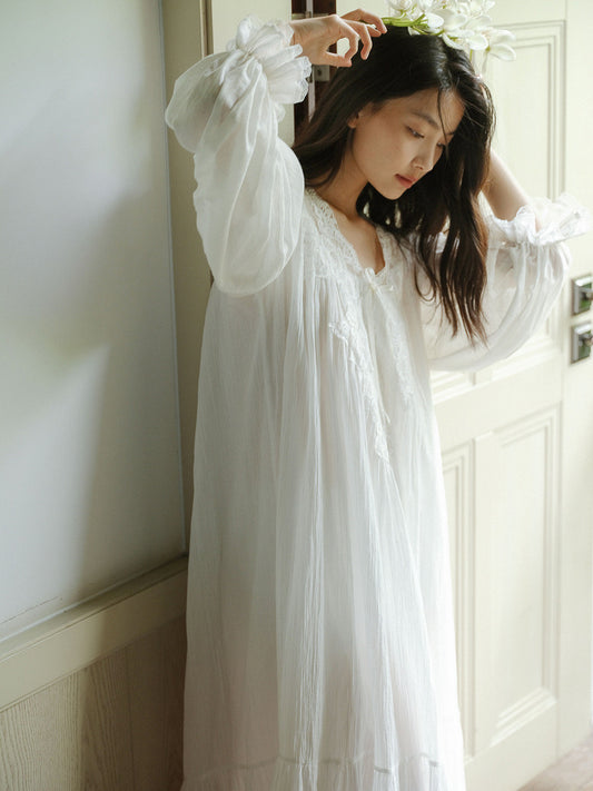 Sweet Lace Cotton Nightdress - White