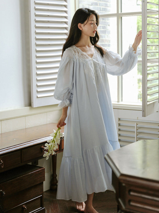 Sweet Lace Cotton Nightdress - Blue