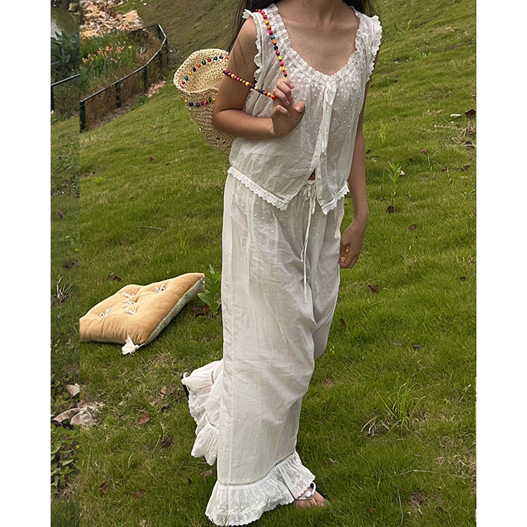 French‑Vintage Cotton Embroidered Loungewear Set