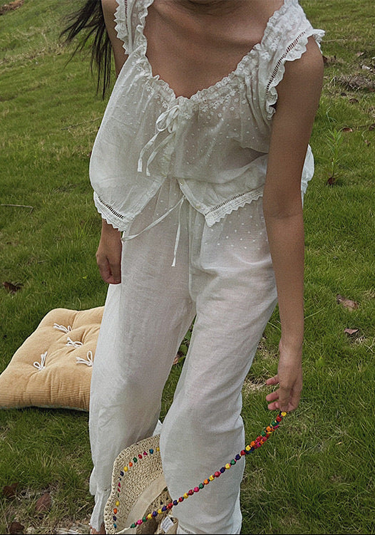 French‑Vintage Cotton Embroidered Loungewear Set