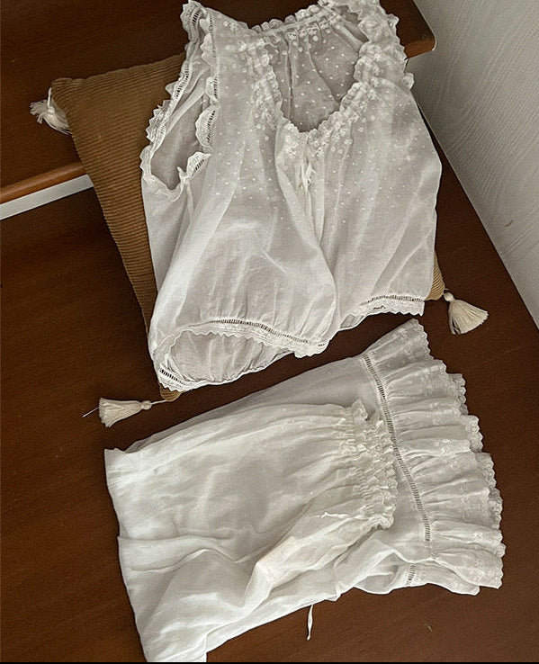 French‑Vintage Cotton Embroidered Loungewear Set