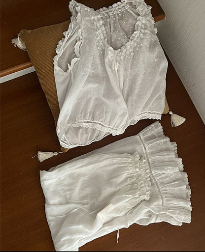 French‑Vintage Cotton Embroidered Loungewear Set