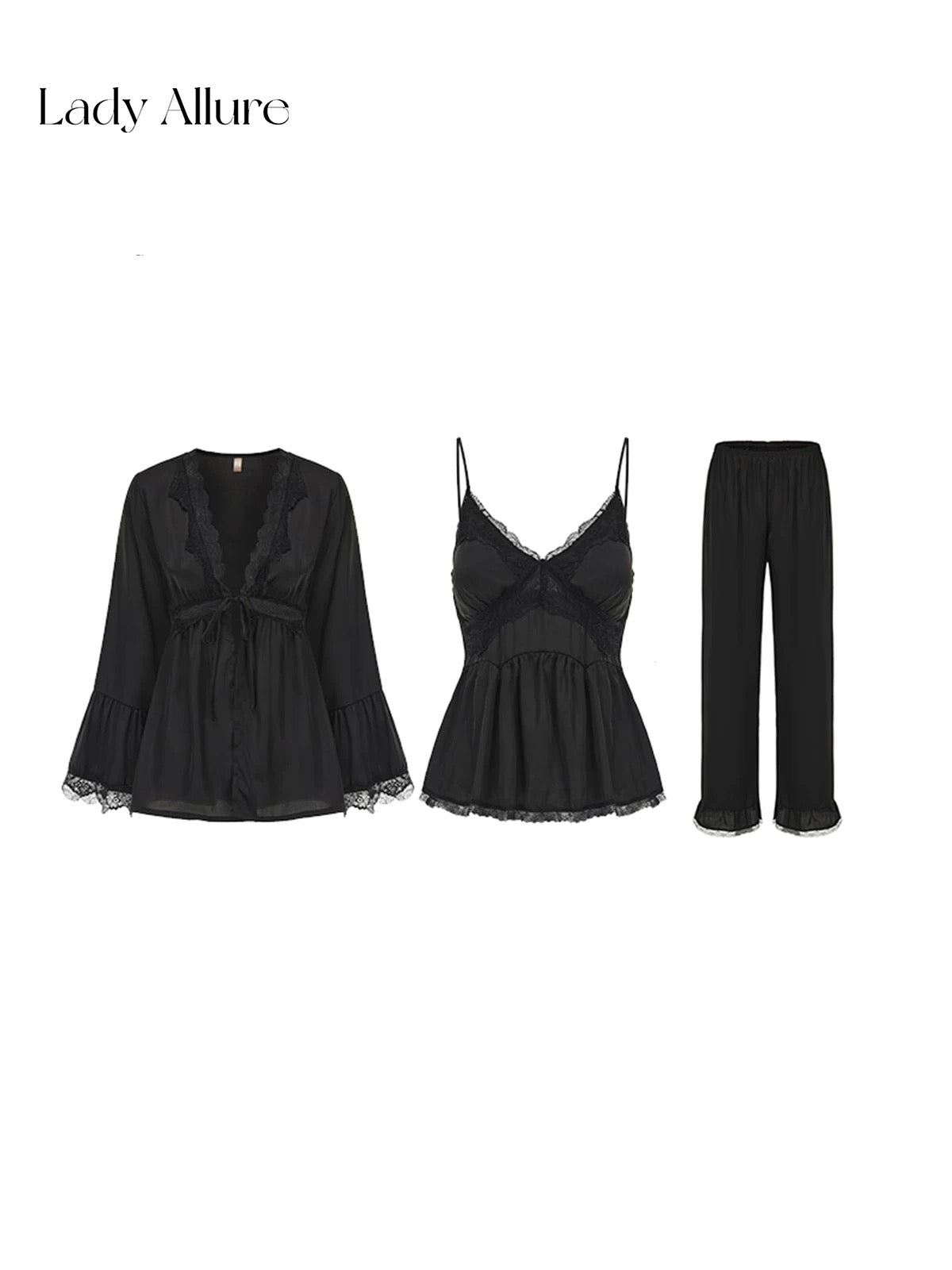 Satin Lace Pajama Set - Beige