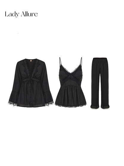 Satin Lace Pajama Set - Beige