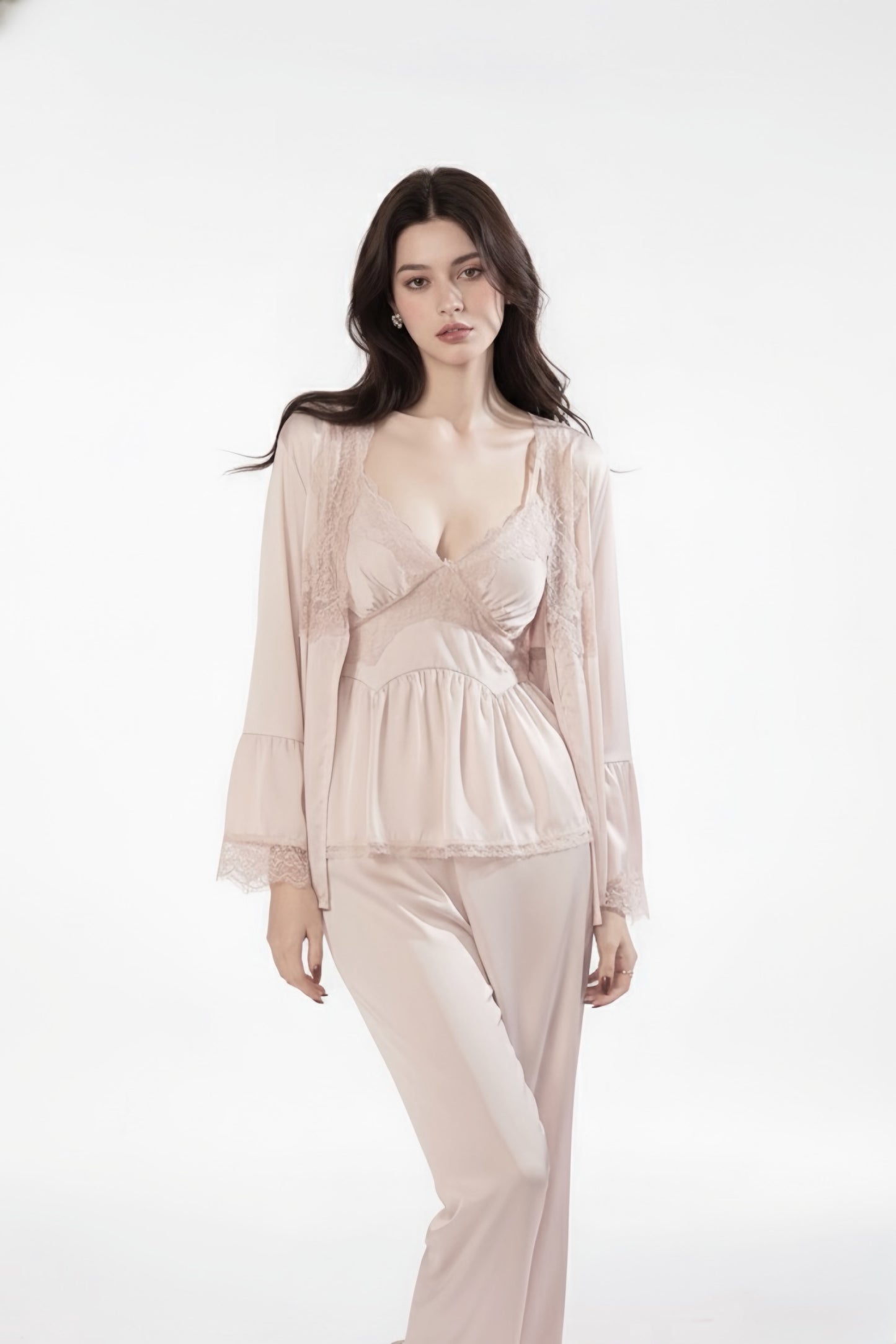 Velvet Satin Lace Pajama Set with Long Sleeves