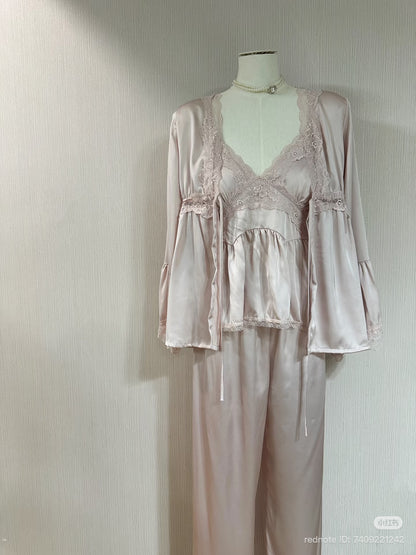 Velvet Satin Lace Pajama Set with Long Sleeves