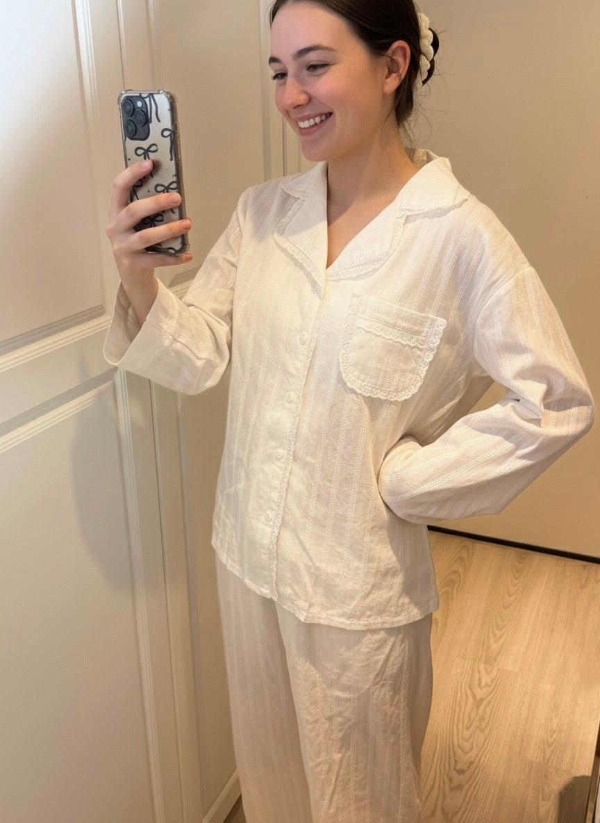 White Cotton Pajama Set with Lace Trim