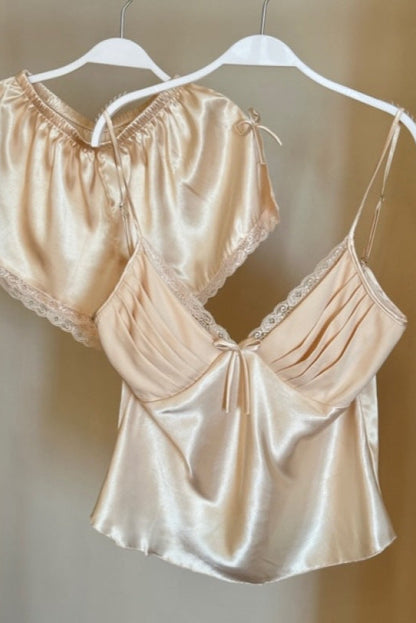 Shimmer Silk Pajama Set with Lace Trim