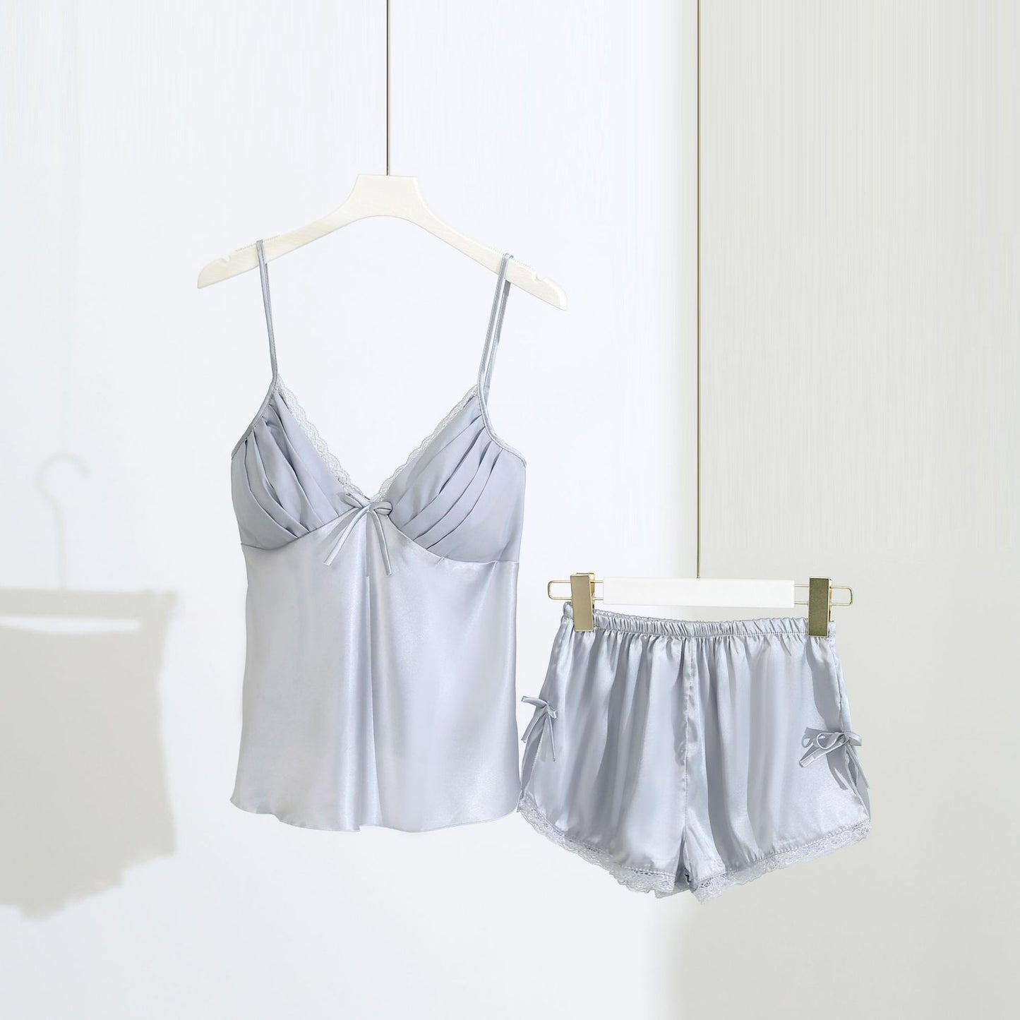 Shimmer Silk Pajama Set with Lace Trim