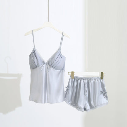 Shimmer Silk Pajama Set with Lace Trim